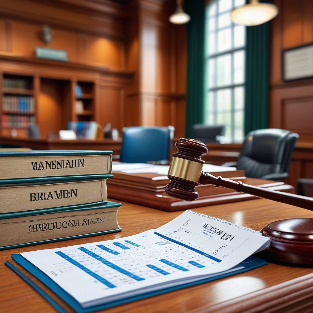 A dynamic composition showcasing a sleek calendar with marked court dates, surrounded by legal books and a gavel. Include a focused individual using a laptop, looking at the calendar with determination. Bright blue and green tones to suggest clarity and organization, with a blurred courtroom background symbolizing the legal environment. super-realistic. vibrant colors. 3D.