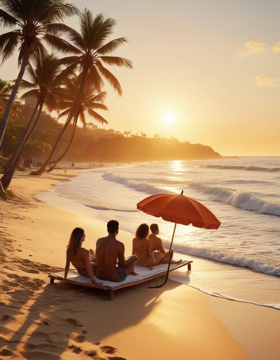 An elegant beach scene featuring a diverse group of fashionable individuals wearing trendy beachwear, lounging under vibrant umbrellas, with some glancing at their stylish smartphones for court date notifications. The sandy beach should have gentle waves in the background, and the sun setting, casting warm golden hues. Add stylish accessories and a sense of camaraderie among friends. super-realistic. vibrant colors. 3D.